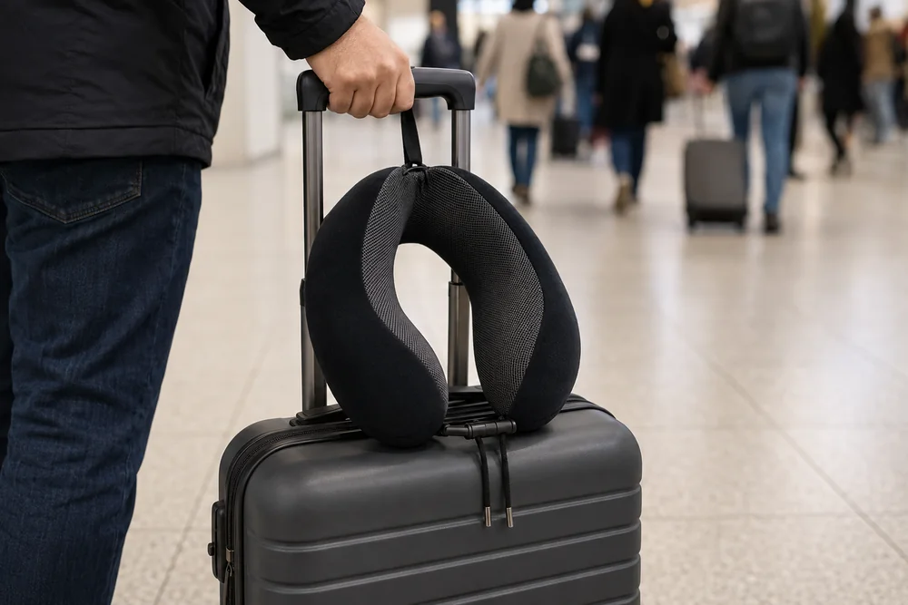 Il cuscino da viaggio agganciato al manico di un trolley