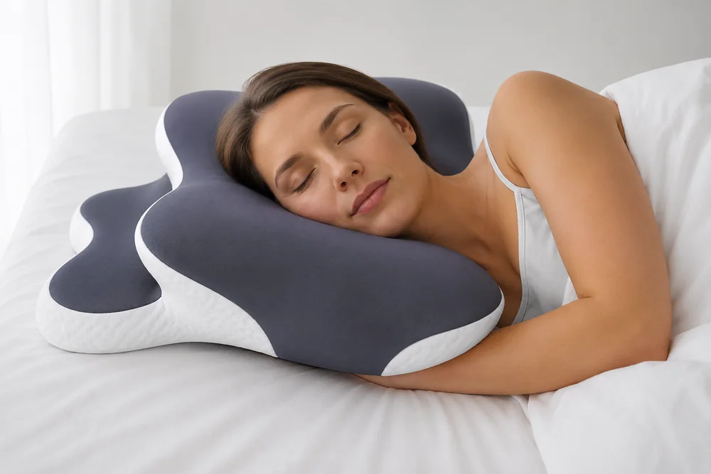 Una dormiente con la mano infilata sotto il cuscino, segno di un cuscino troppo basso